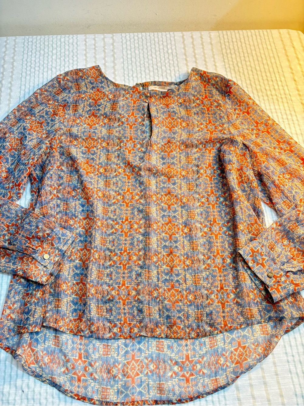 Forever 21 Orange and Blue Geometric Keyhole Long-Sleeve Blouse